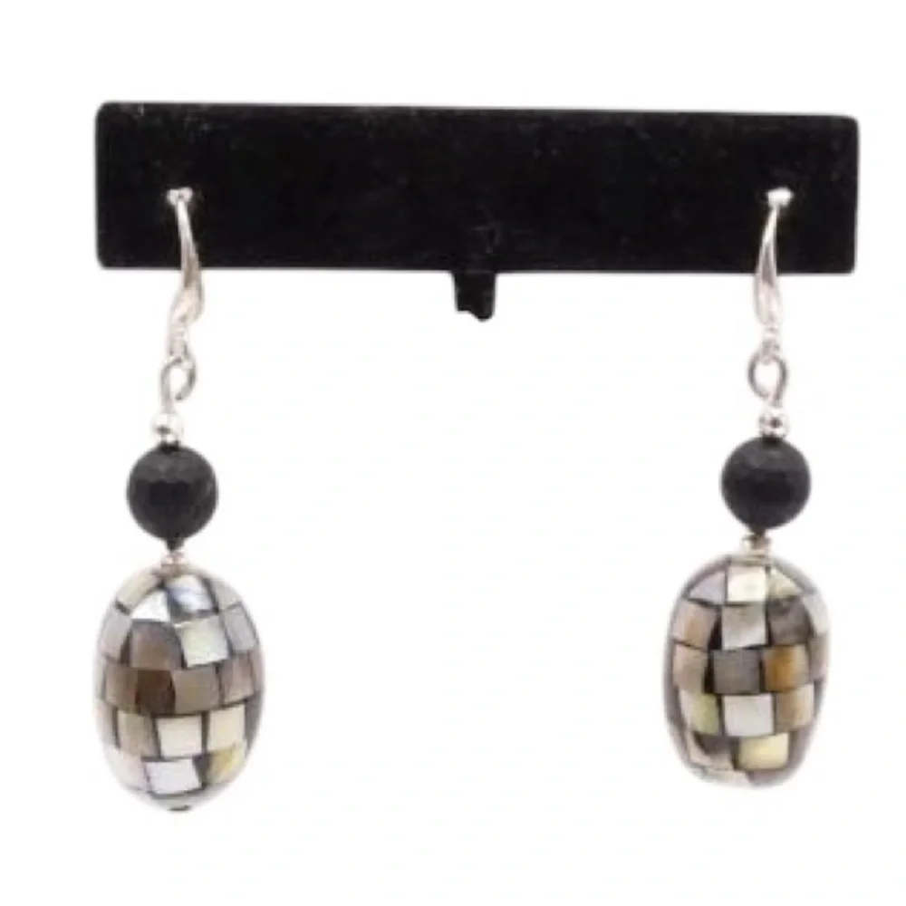 Sterling Oval Mother of Pearl Inlay Disco Ball Hook Back Earrings